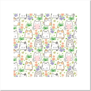 Seamless Pattern Flowers Butterflies Cute Kawaii Cats Posters and Art